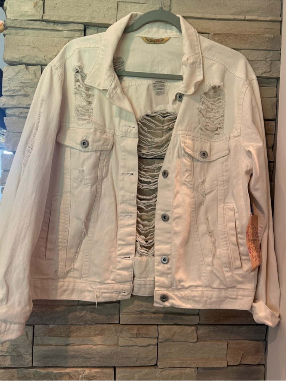 Highway Jeans Women’s L Denim Jacket White Crop Ripped Shredded Grunge